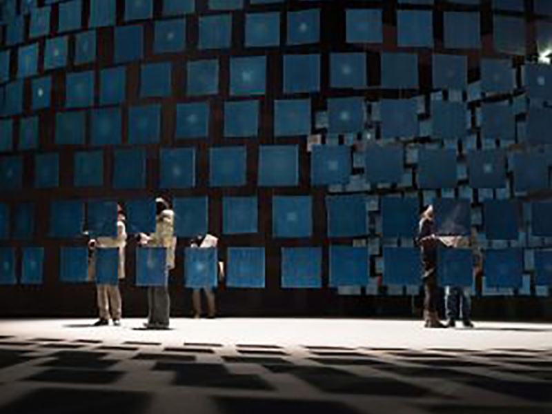 450 pieces of indigo-dyed cloth appear as part of an exhibition at the Bunka no Mori art and performance center in Tokushima, Japan.